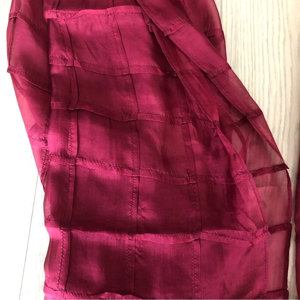 Chanel Silk Long Scarf Maroon Red Grid CC Logo Sheer | Authentic Designer